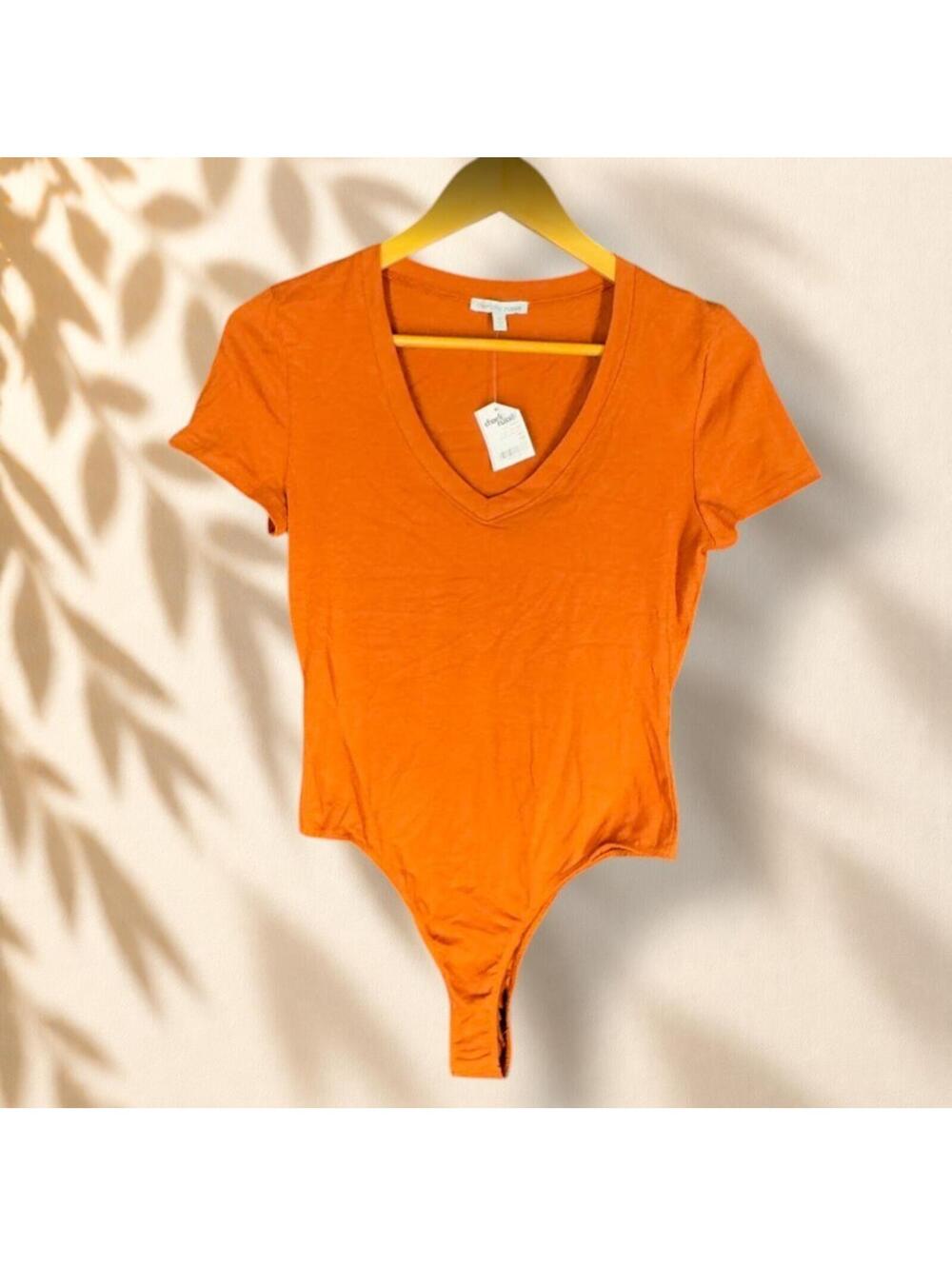 New Charlotte Russe Bodysuit Women M Medium Orange Short Sleeve V-Neck Cotton